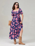 Floral Print Flowy Puff Sleeve Square Neck A-Line Vacation Floral Dress