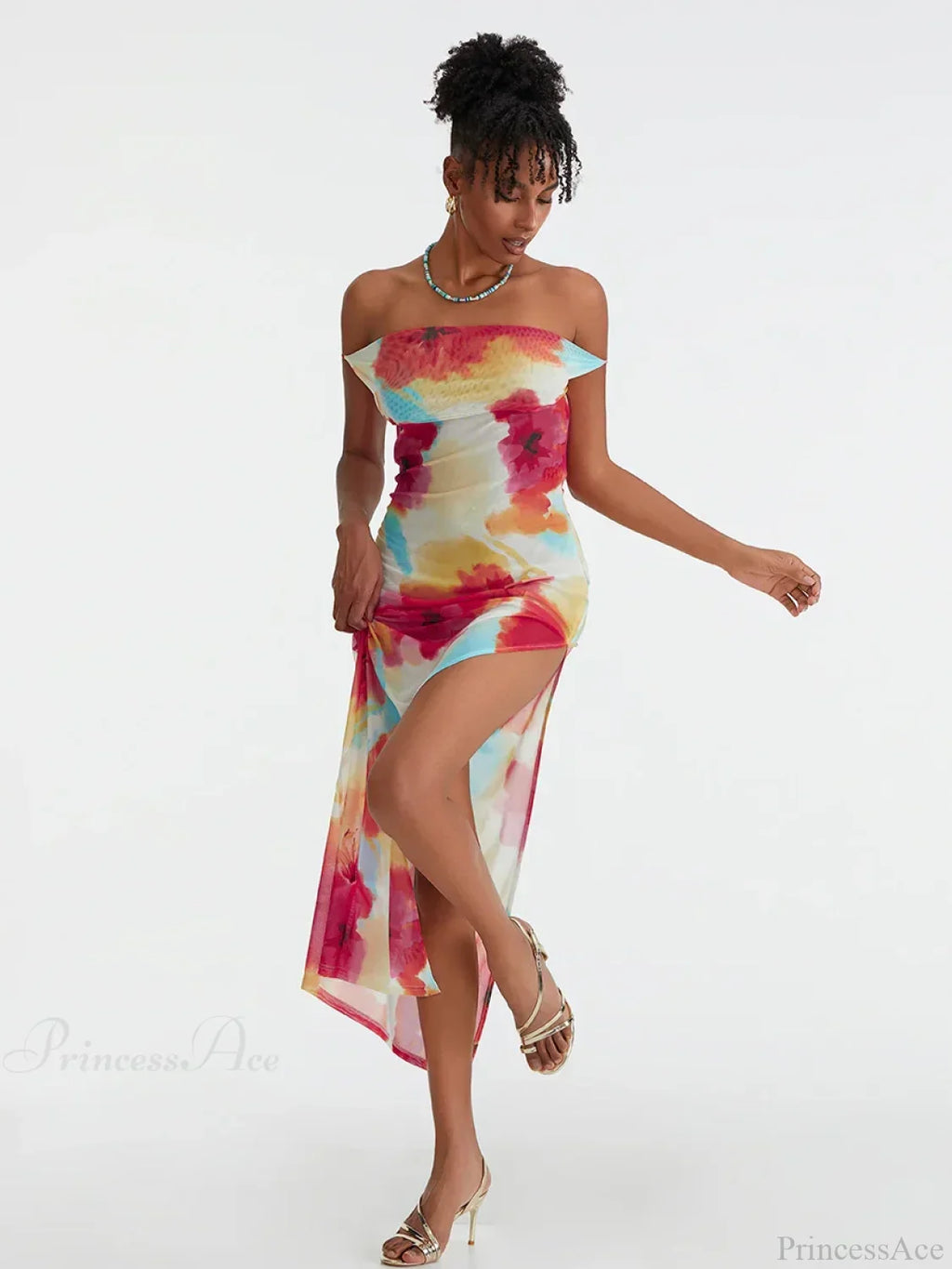 Floral Print High Split Backless Off-Shoulder Tie-up Long Floral Dress