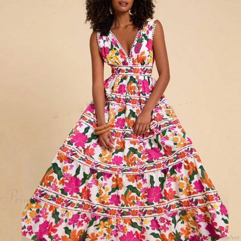 Floral Print High Waist Bohemian Beach Dress