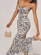 Blue Floral Print Knotted Irregular Hem Long Dress