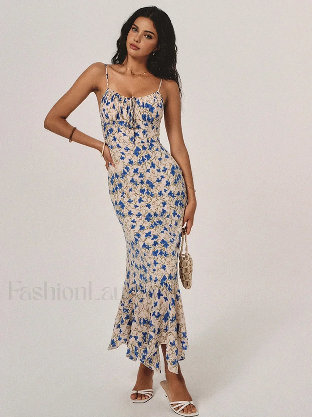 Blue Floral Print Knotted Irregular Hem Long Dress