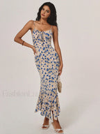 Blue Floral Print Knotted Irregular Hem Long Dress
