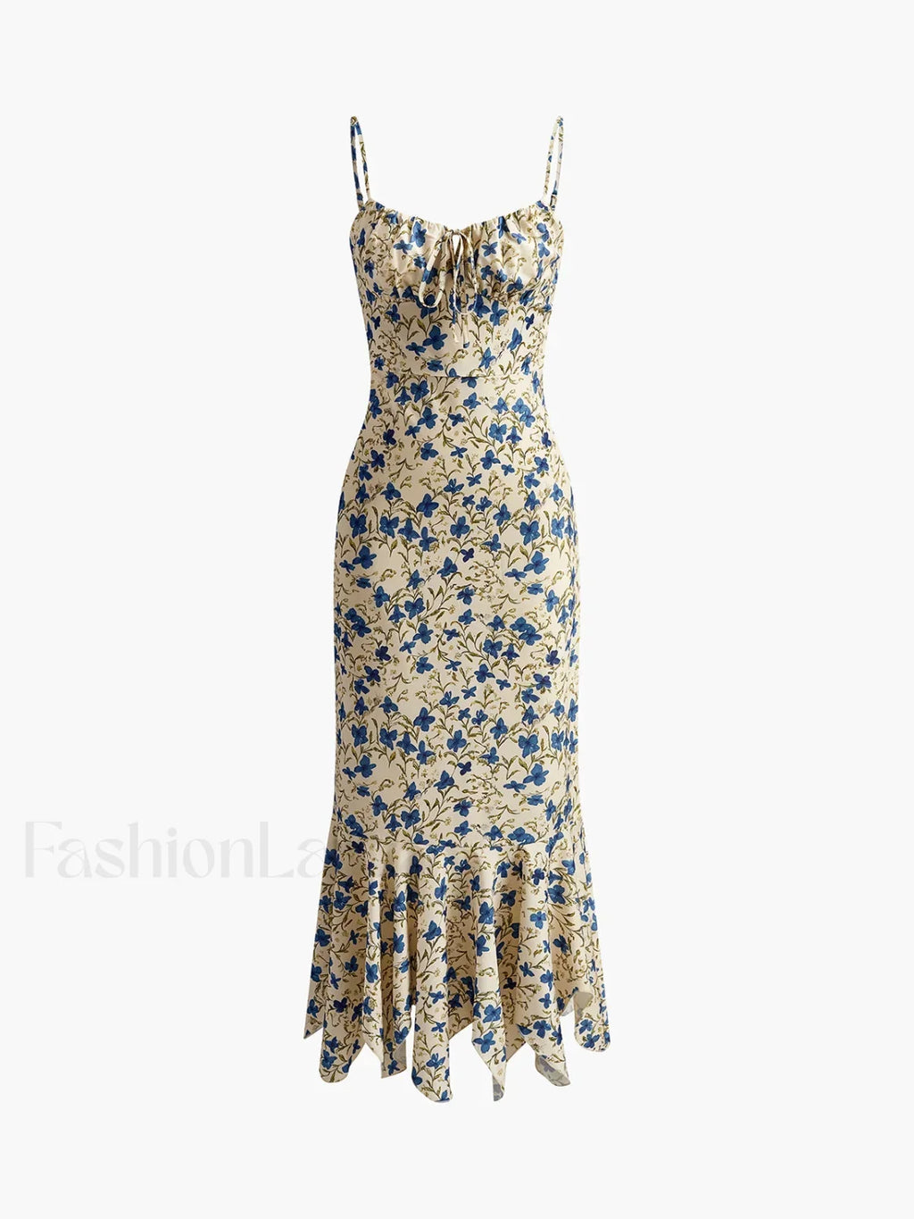 Blue Floral Print Knotted Irregular Hem Long Dress