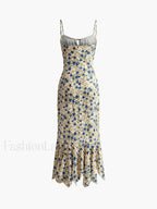 Blue Floral Print Knotted Irregular Hem Long Dress