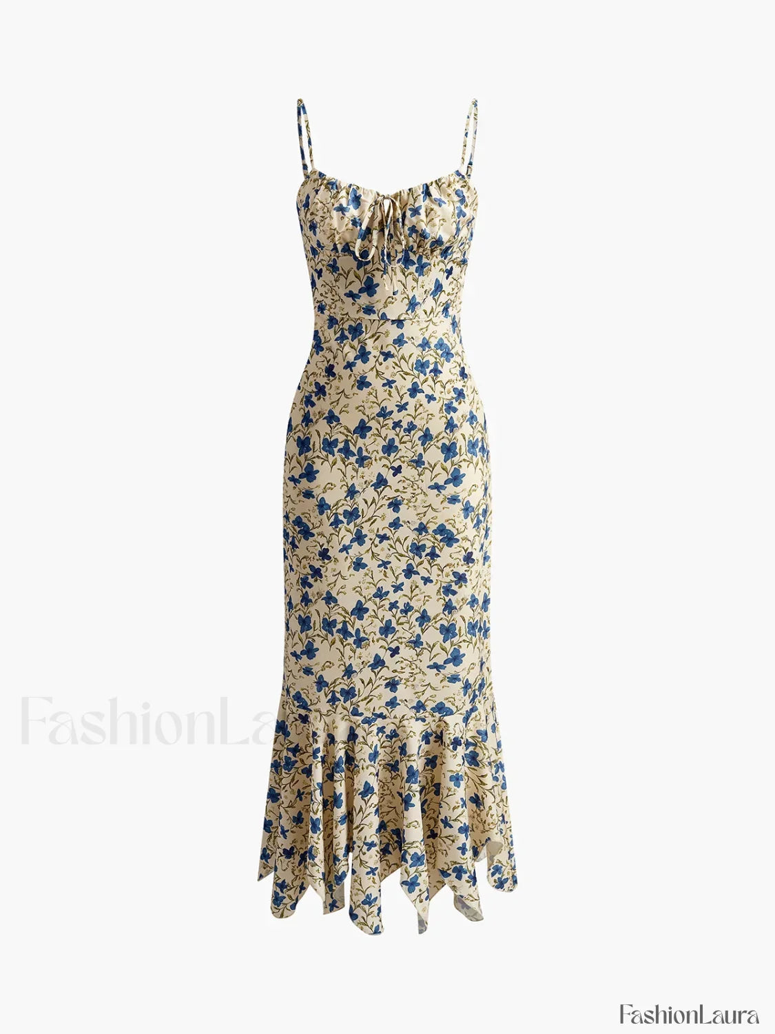 Blue Floral Print Knotted Irregular Hem Long Dress