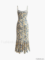 Blue Floral Print Knotted Irregular Hem Long Dress