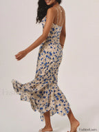 Blue Floral Print Knotted Irregular Hem Long Dress