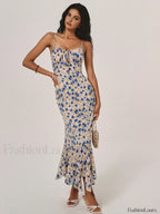 Blue Floral Print Knotted Irregular Hem Long Dress