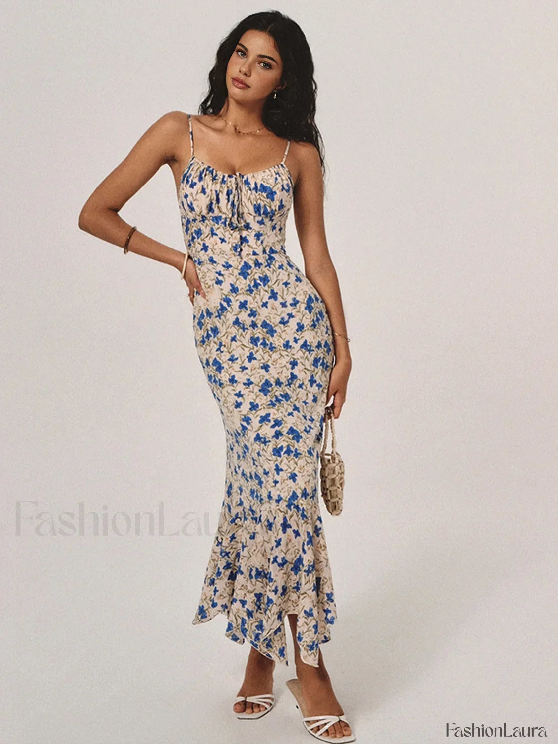 Blue Floral Print Knotted Irregular Hem Long Dress