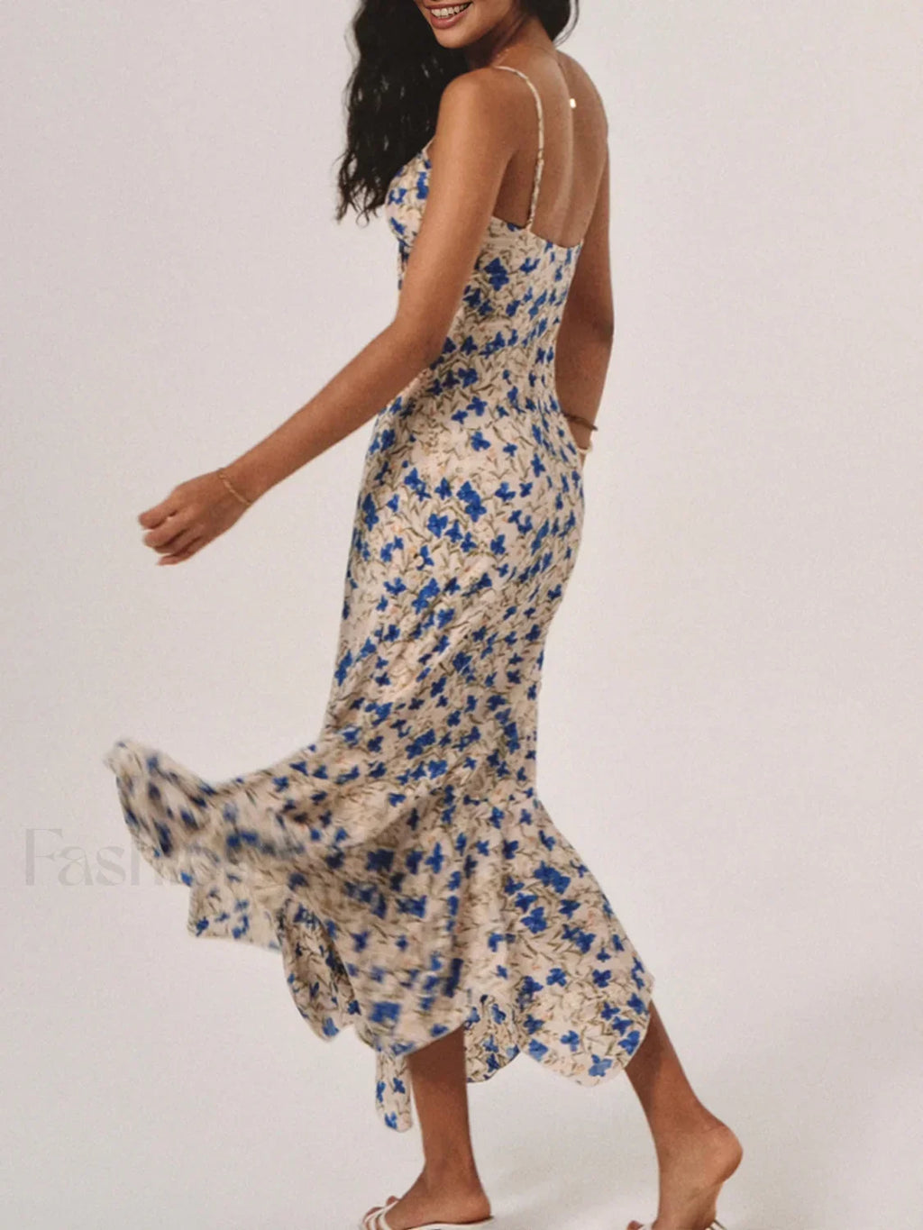 Blue Floral Print Knotted Irregular Hem Long Dress