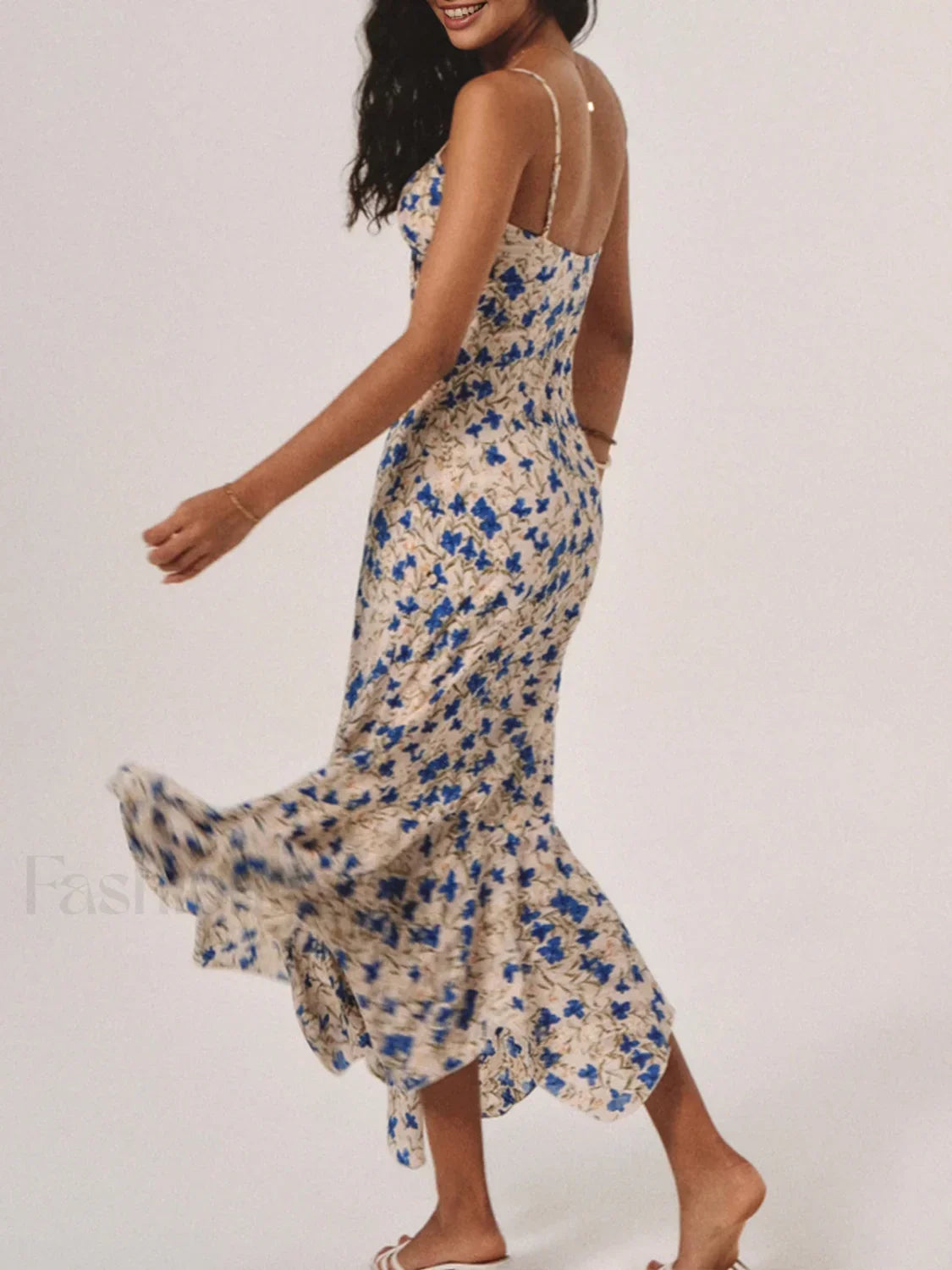 Blue Floral Print Knotted Irregular Hem Long Dress