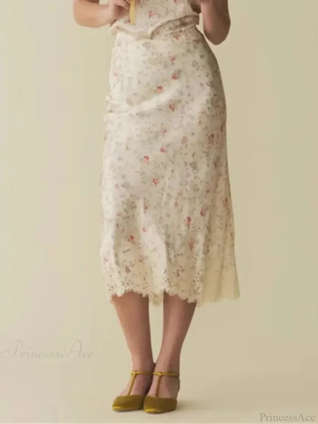 Floral Print Mermaid Lace Splice High Waist Retro Summer Midi Skirt