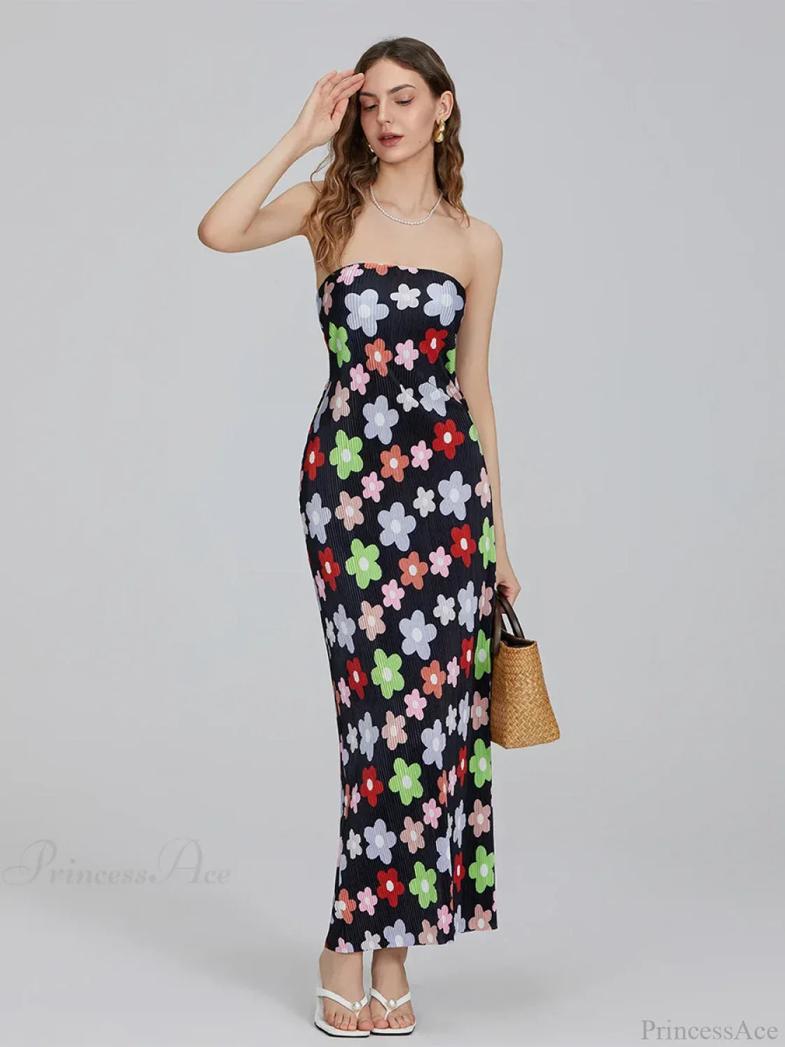 Floral Print Off-Shoulder Bandeau Pleated Tube Top Backless Party Dress