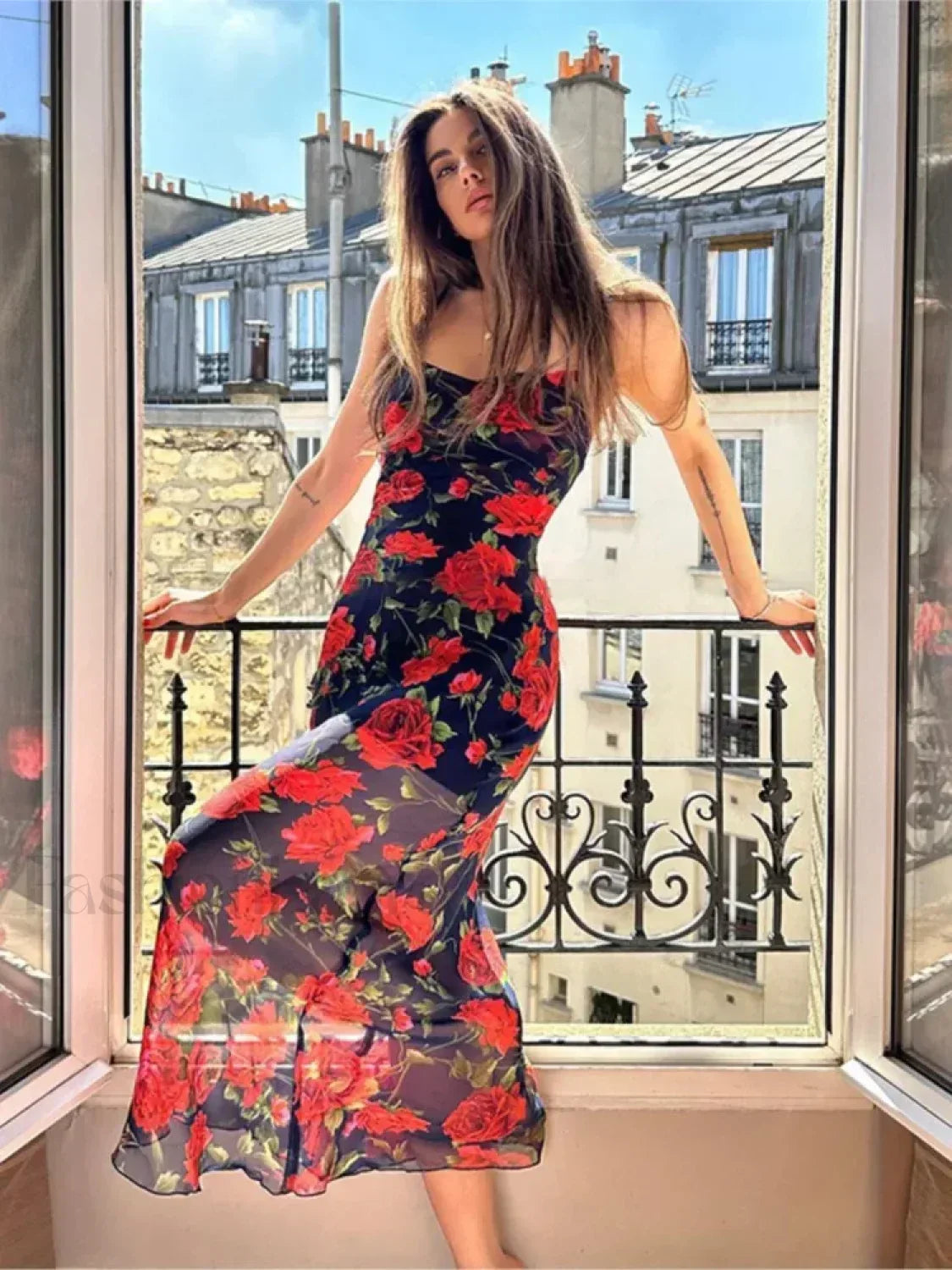 Red. Floral Print Package Hip Bodycon Backless Slim Floral Dress