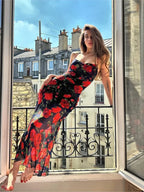 Red. Floral Print Package Hip Bodycon Backless Slim Floral Dress