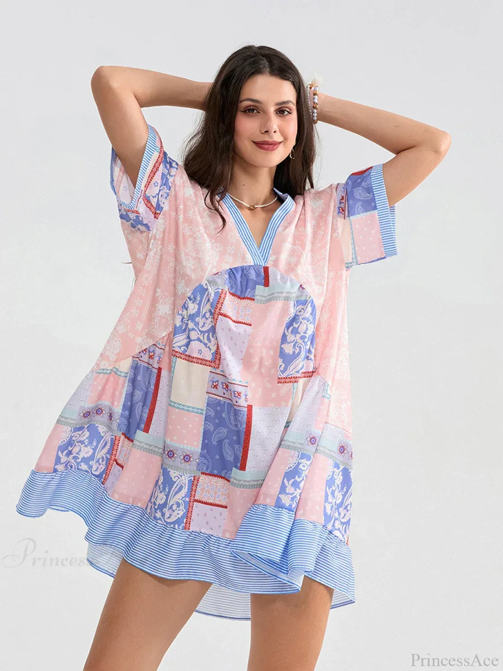 Floral Print Patchwork Flowy V-neck Loose A-Line Mini Floral Dress