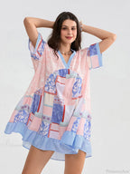 Floral Print Patchwork Flowy V-neck Loose A-Line Mini Floral Dress