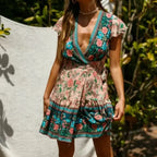 Floral Print Rayon Wrap Short Sleeve Sexy Vacation Mini Boho Dress