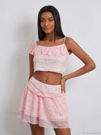 Floral Print Ruffle Sling Crop Cami Mini Skirt Floral Dress