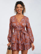 Floral Print Ruffles Tiered Mini Dress V-neck High Waist Floral Dress