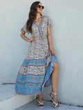 Floral Print Short Sleeve Button Loose Tassel V-neck Maxi Boho Dress