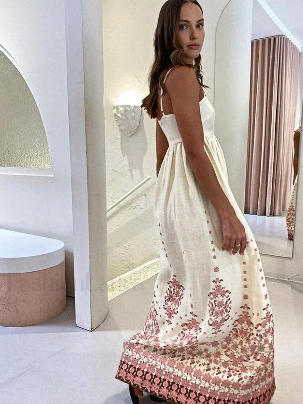 Off-white Floral Print Spaghetti Strap Long Dress