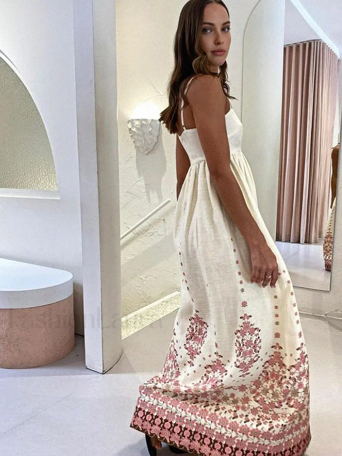 Off-white Floral Print Spaghetti Strap Long Dress