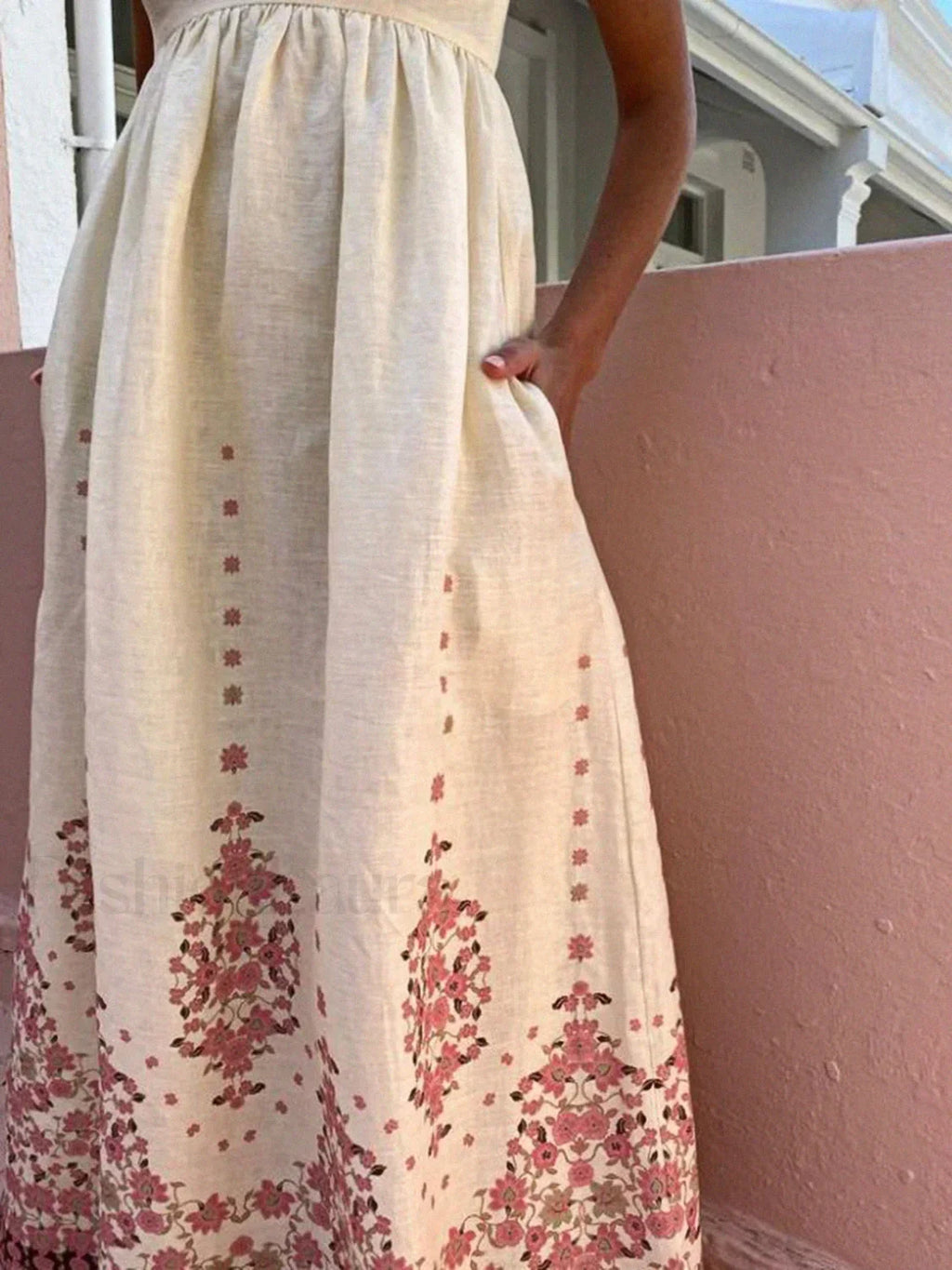 Off-white Floral Print Spaghetti Strap Long Dress
