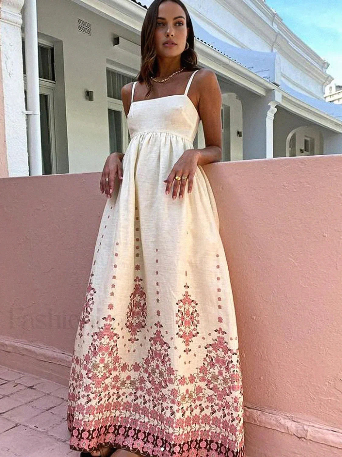 Off-white Floral Print Spaghetti Strap Long Dress