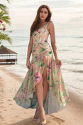 Green Floral Print Strappy Irregular Split Spice Girl Waist-cinched Maxi Dress
