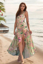 Green Floral Print Strappy Irregular Split Spice Girl Waist-cinched Maxi Dress