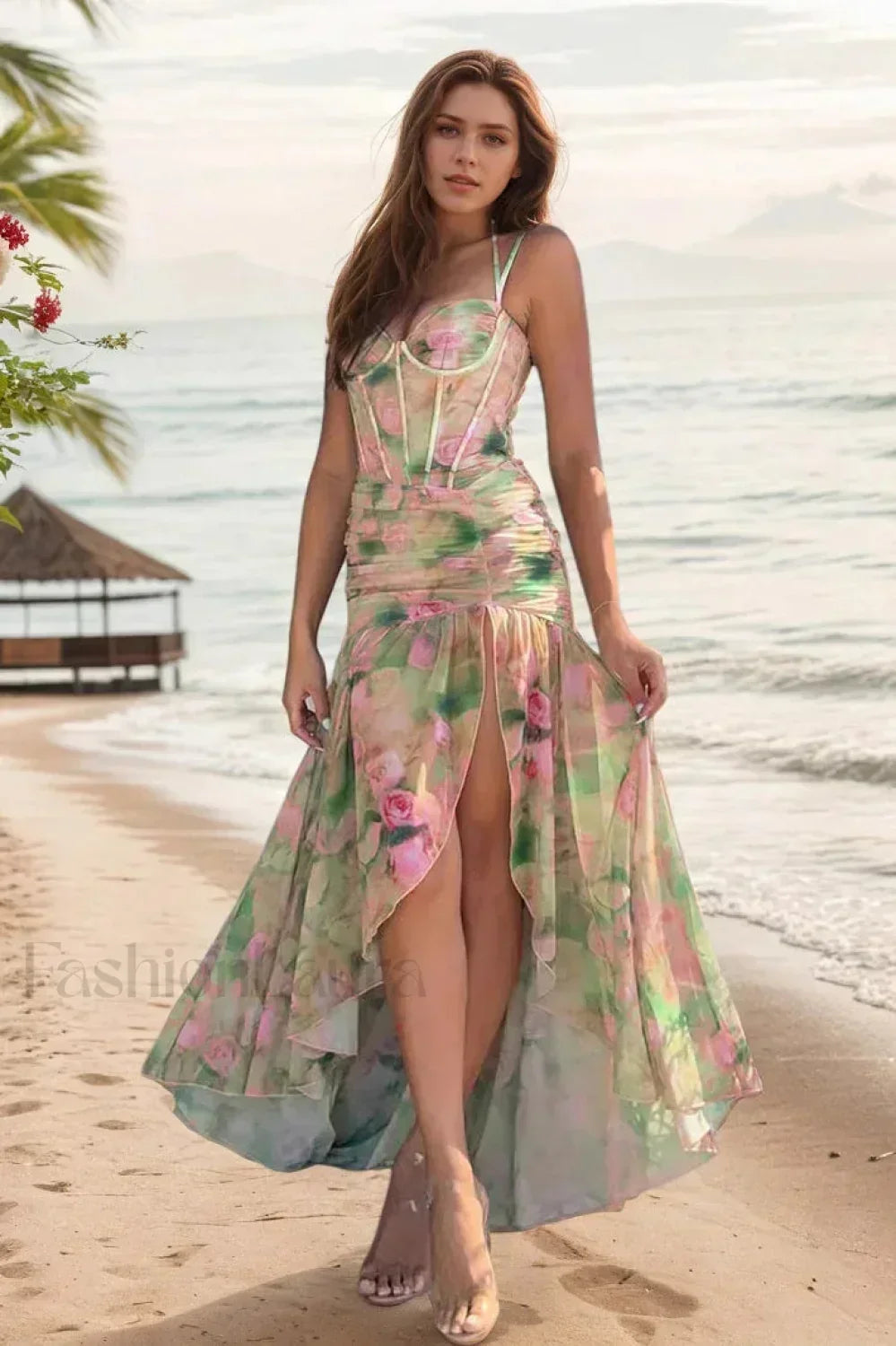 Green Floral Print Strappy Irregular Split Spice Girl Waist-cinched Maxi Dress