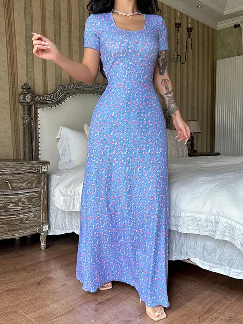 Floral Print T-Shirt Tie Back U-neck A-Line Long Floral Dress
