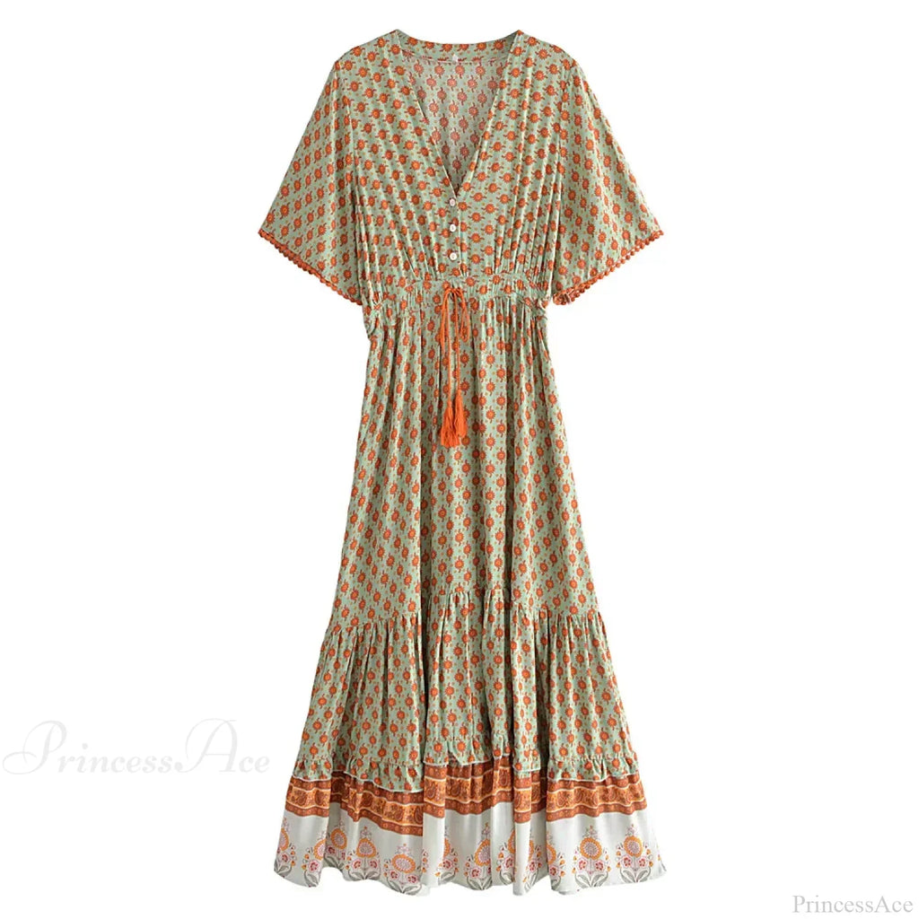 Floral Print Tassel V-neck Rayon Cotton Maxi Boho Dress