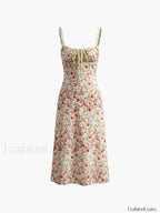 Multicolor Floral Print Trim Cami Midi Dress