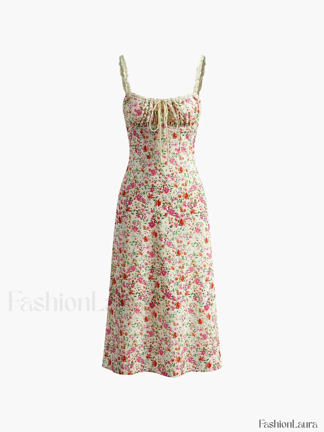 Multicolor Floral Print Trim Cami Midi Dress