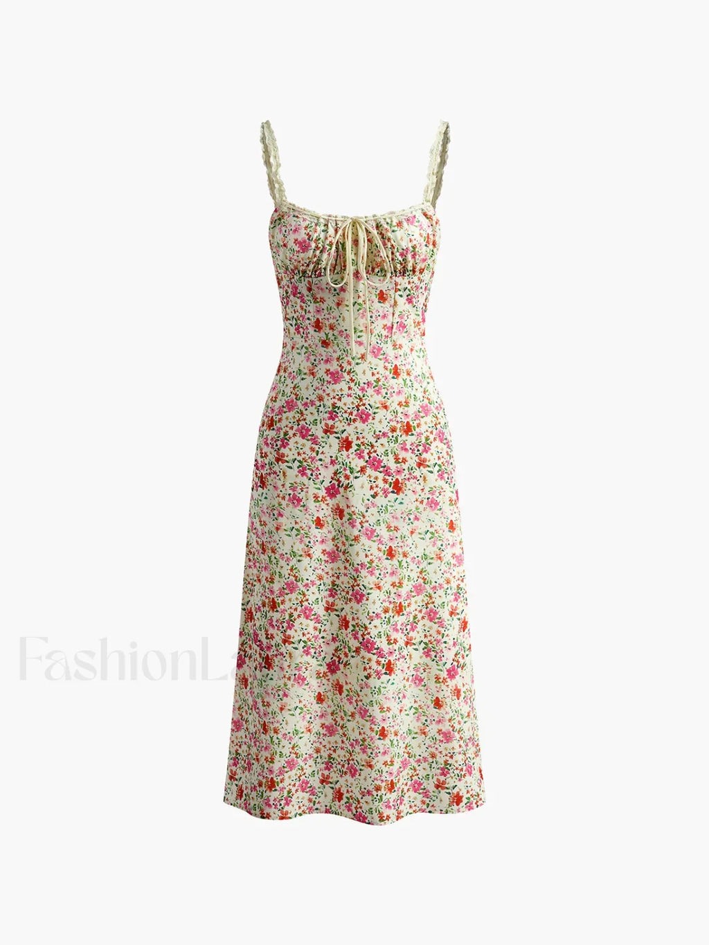Multicolor Floral Print Trim Cami Midi Dress