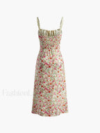 Multicolor Floral Print Trim Cami Midi Dress