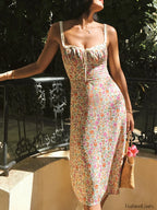 Multicolor Floral Print Trim Cami Midi Dress