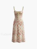 Multicolor Floral Print Trim Cami Midi Dress