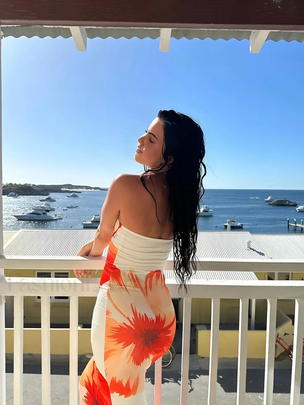 White Floral Print Tube Long Dress