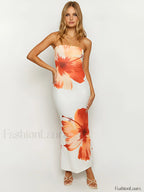 White Floral Print Tube Long Dress