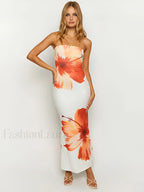 White Floral Print Tube Long Dress