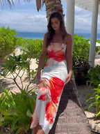 White Floral Print Tube Long Dress