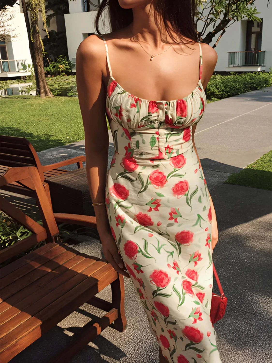 Multicolor Floral Ruched Button Detail Dress