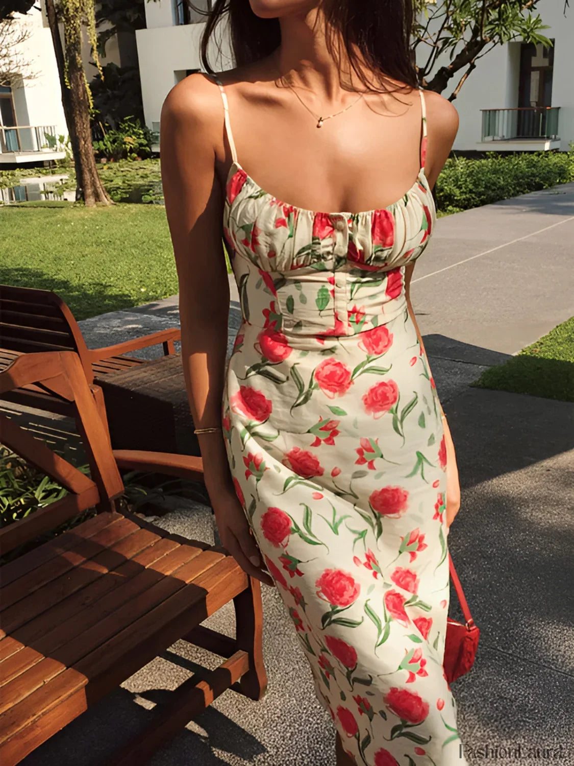 Multicolor Floral Ruched Button Detail Dress