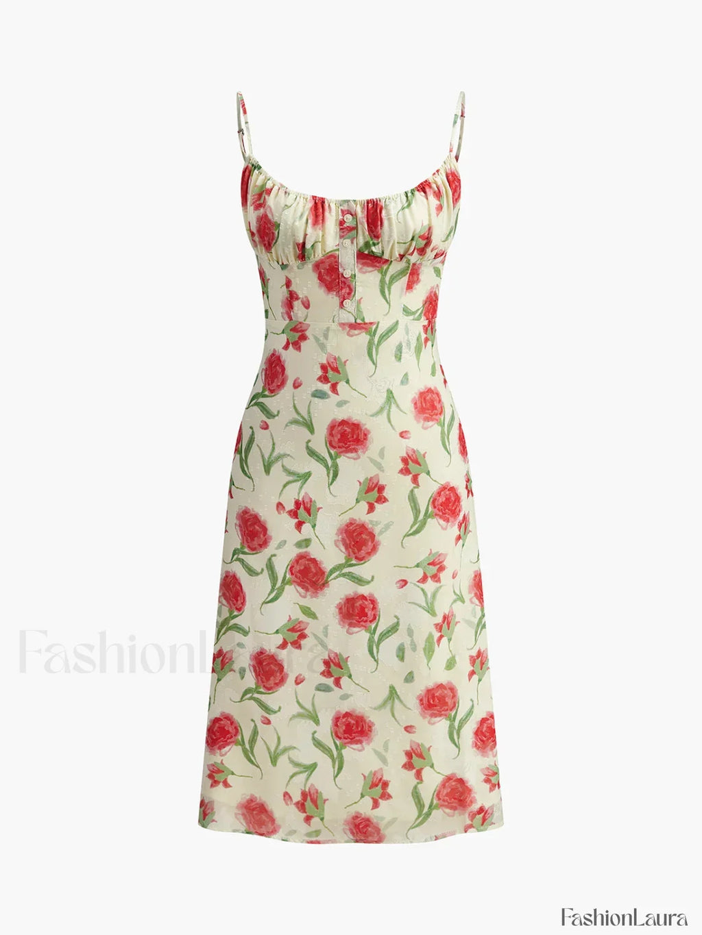 Multicolor Floral Ruched Button Detail Dress
