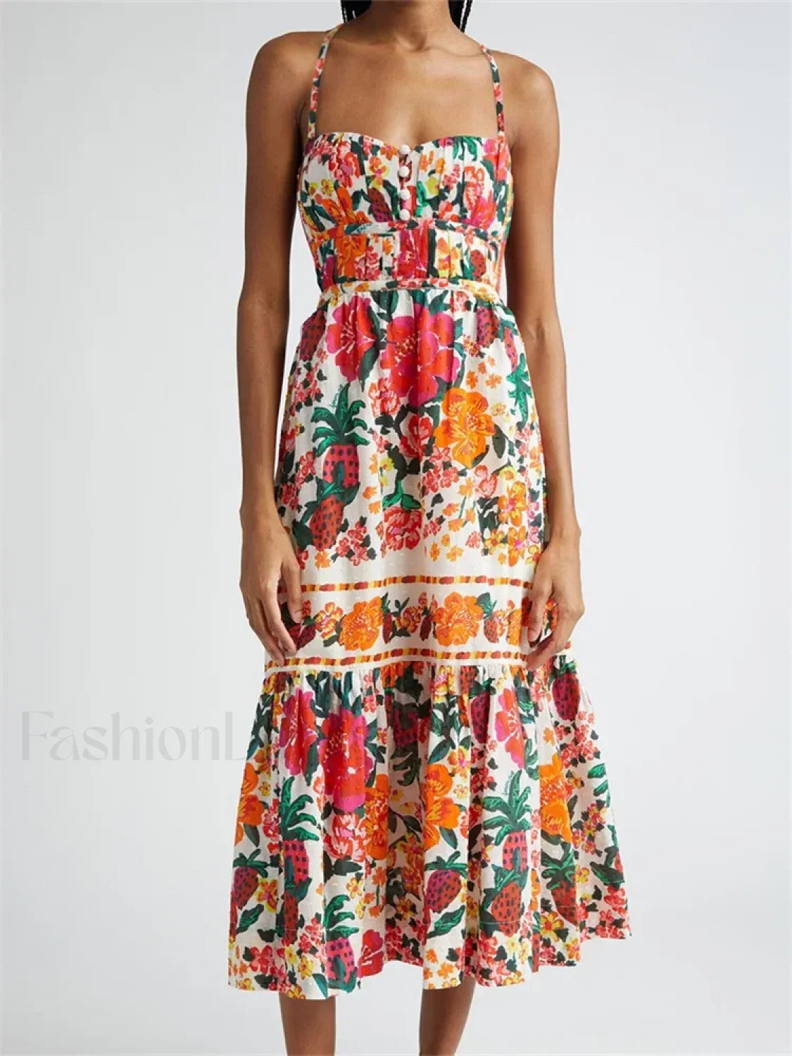 Floral Ruched Button Strap Maxi Dress