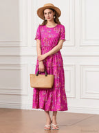 Floral Ruched Tiered Puff Sleeve Pleated Flowy Long Floral Dress