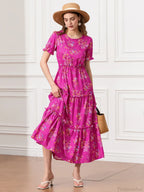 Floral Ruched Tiered Puff Sleeve Pleated Flowy Long Floral Dress